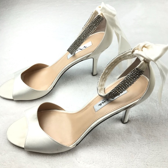 Nina ivory satin ribbon jeweled wrap around sandal - Picture 3 of 9